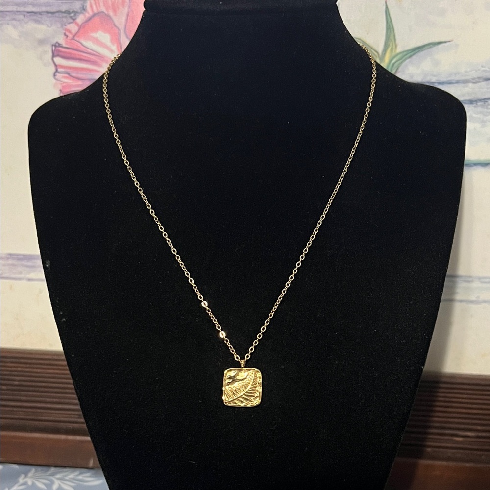 Gold plated stainless steel square leaf pendant necklace
